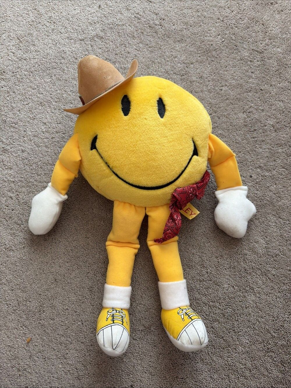 Yellow Cowboy Smiley Face Red Bandana Brown Hat White Gloves Stuffed Plush 16"